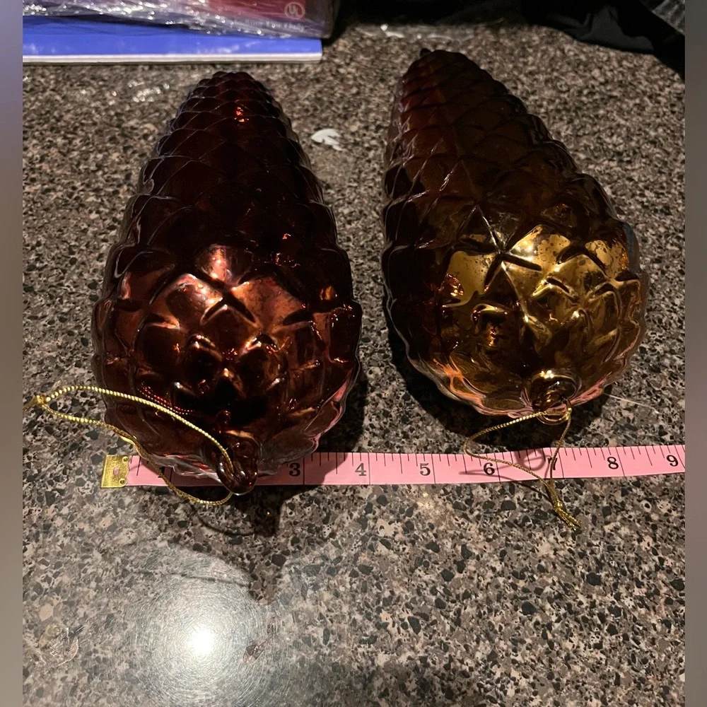 ▪️6 VINTAGE LARGE BLOWN BRONCE AMBER GLASS ORNAMENT PINE CONE